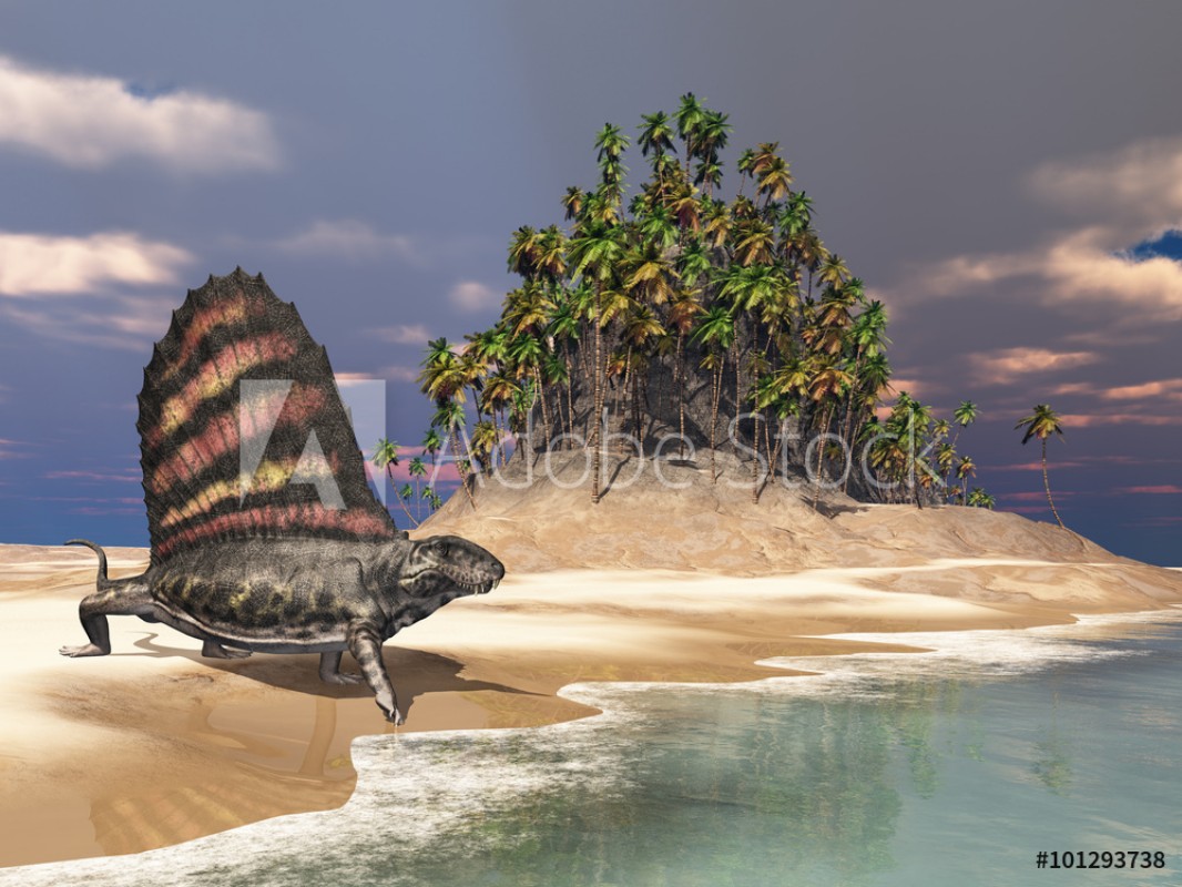 Afbeeldingen van Pelycosaurier Dimetrodon am Meer
